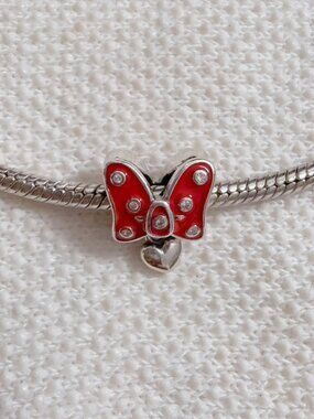 Disney Park Exclusive Minnie Bow Silver Charm For Pandora Bracelet Necklace